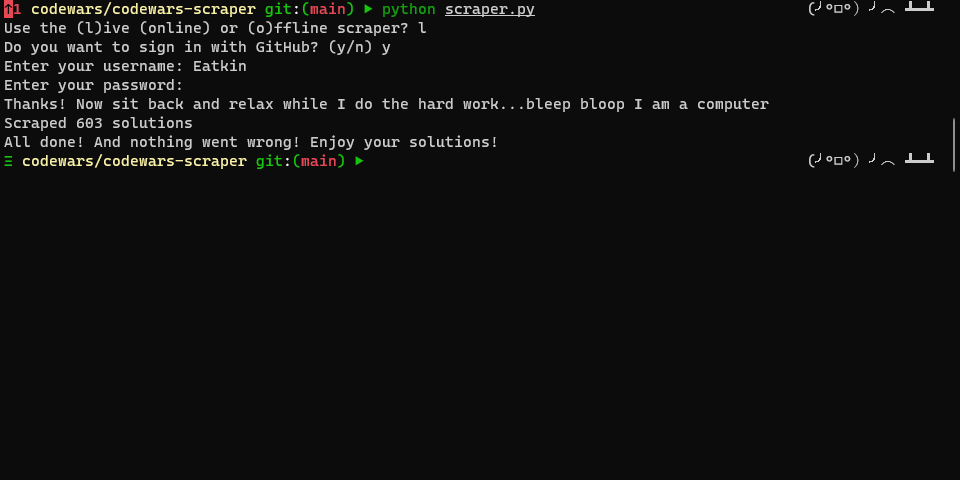 Codewars scraper running in command line